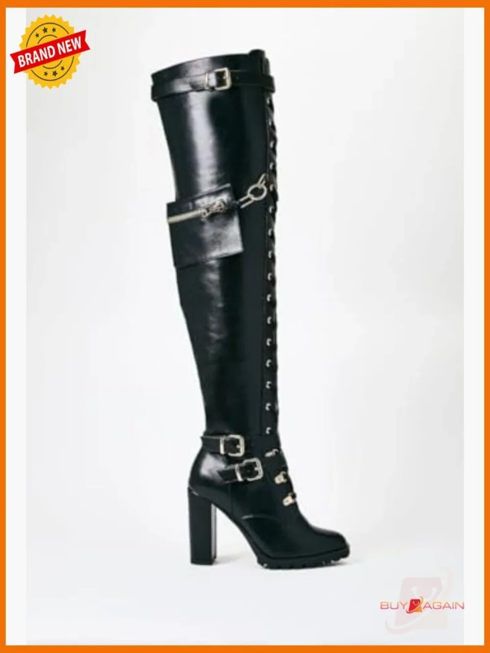 Thigh High Combat Boots with Block Heel, Lace Up, Side Zipper